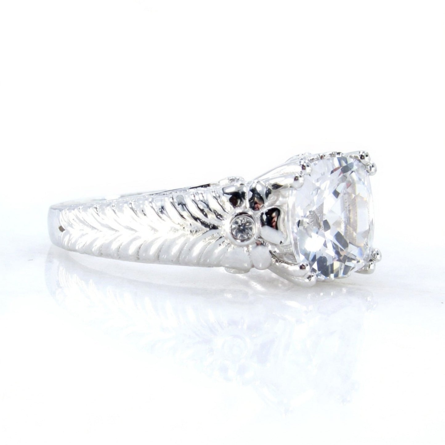 White gold White Sapphire engagement ring vintage engraved flower ring statement ring unique floral Bridal Promise Anniversary ring-Ready