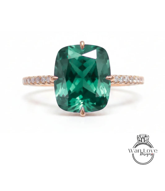 Anello di fidanzamento Halo con smeraldo e diamante, gambo liscio, 14k 18k bianco giallo oro rosa-platino-nozze-anniversario regalo