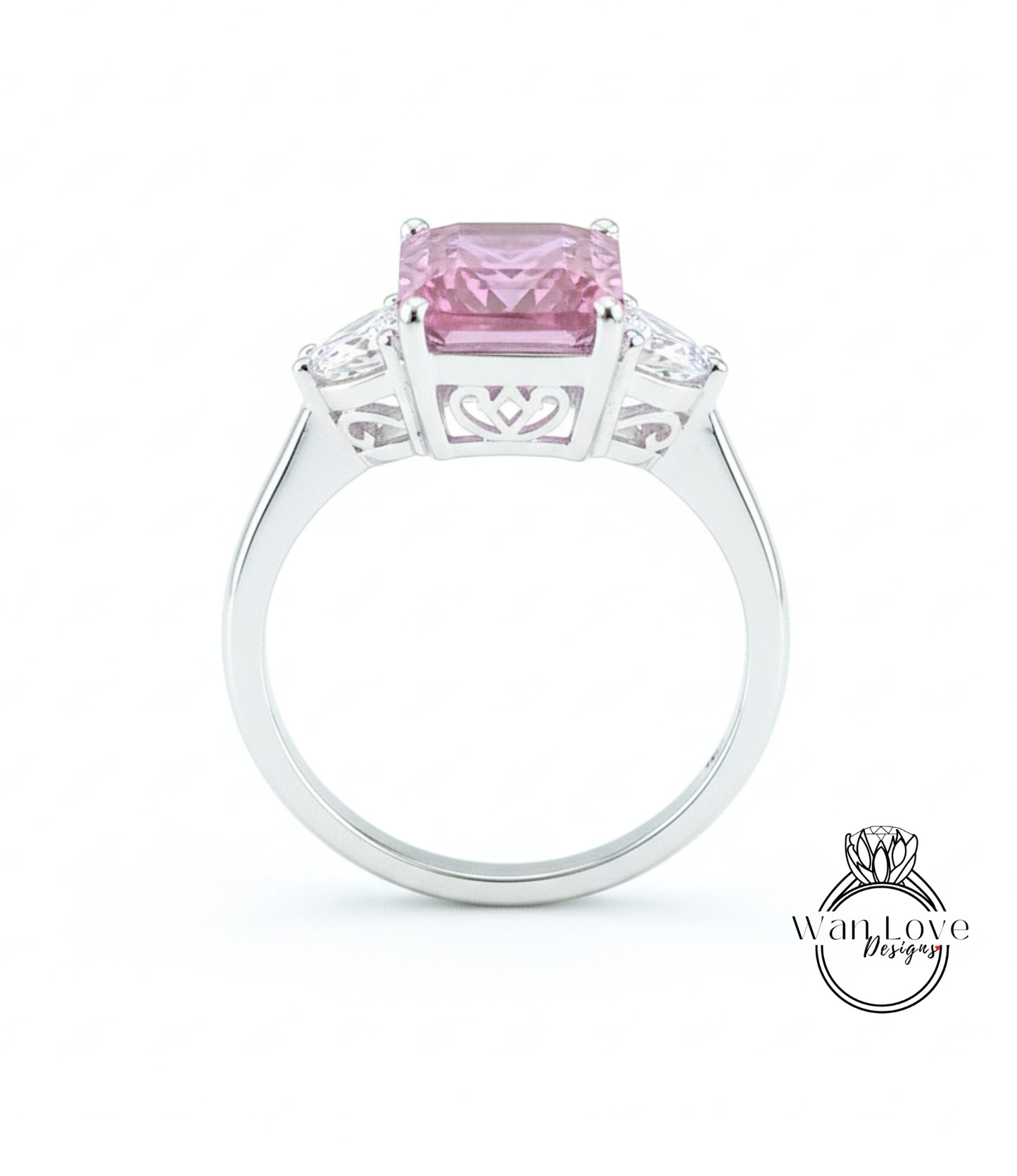 Emerald Trillion Pink White Sapphire Engagement Ring Vintage Filigree Gallery ring 8ct 3 gem stone ring Anniversary Gift Promise ring-Ready
