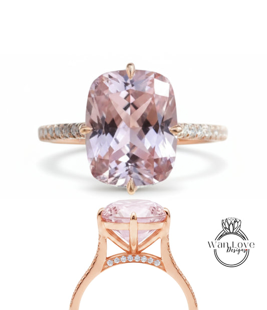 Anello di fidanzamento con alone laterale con cuscino allungato con diamante zaffiro rosa chiaro Stile celebrità personalizzato, oro 18kt 14kt-platino, WanLoveDesigns