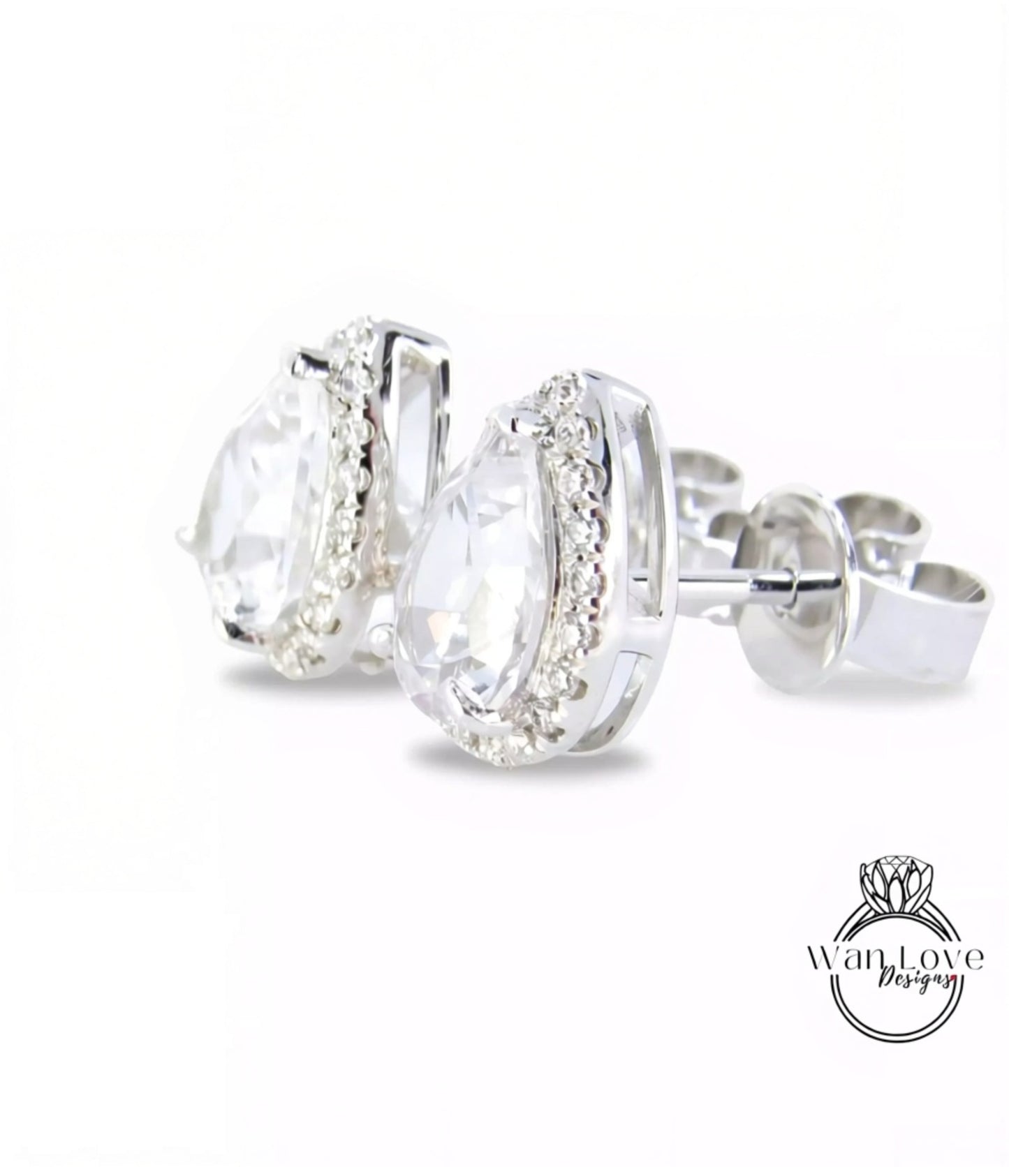 Ready to Ship 1ct ea 2ct 7x5mm White Sapphire Pear Halo Stud Earrings Custom Wedding Jewelry Anniversary Gift Wan Love Designs