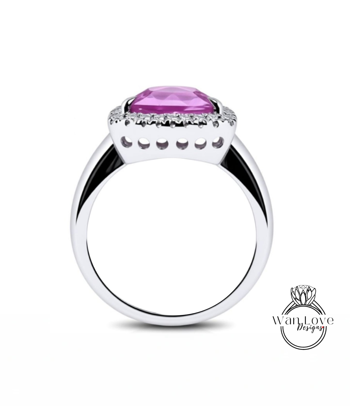 A silver ring with a large, purple gemstone set in the center, surrounded by smaller diamonds.