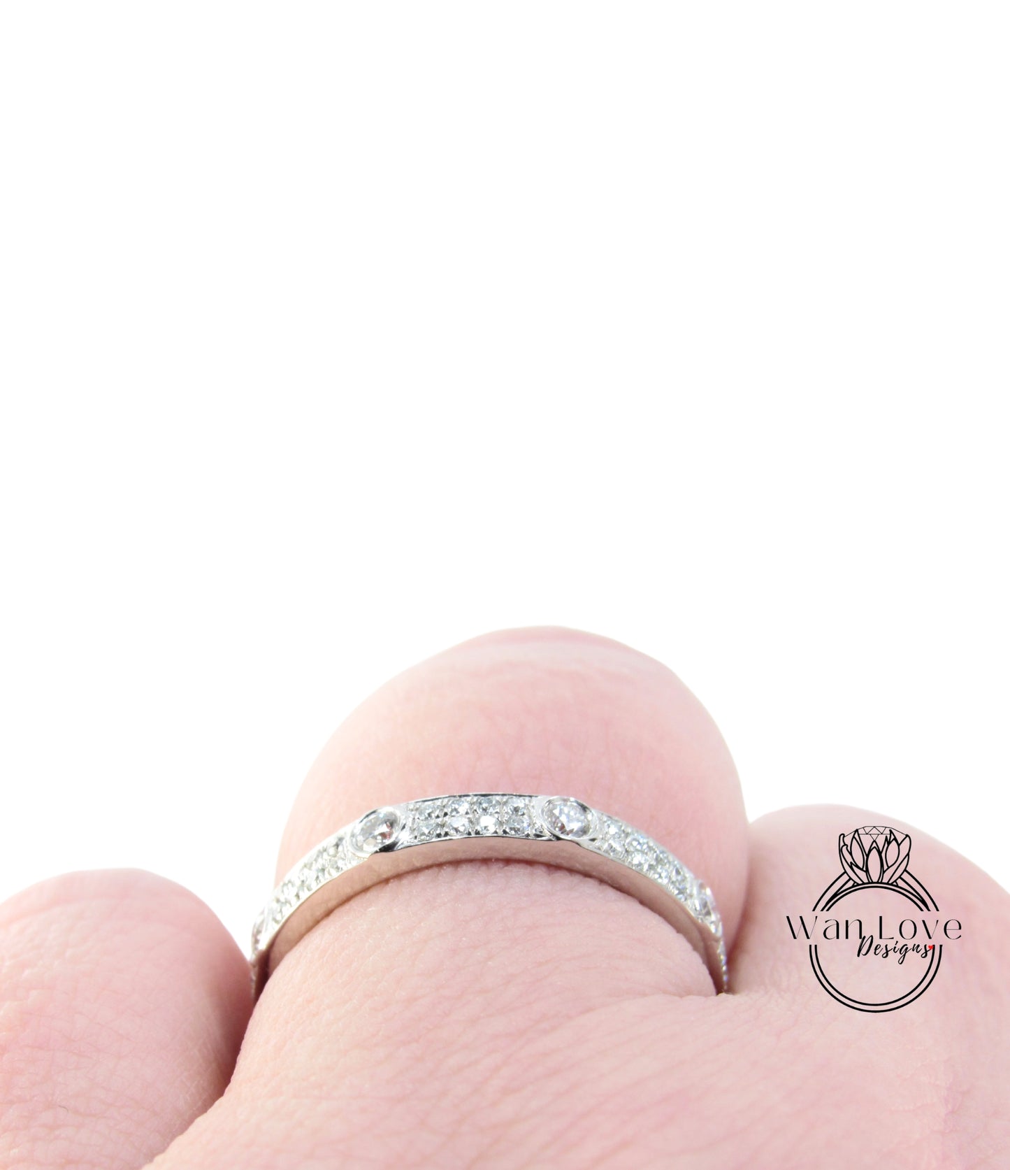 Fede nuziale Moissanite vintage Solido Oro bianco Quasi Eternità Fascia abbinata unica lunetta a 2 file Anello da sposa impilabile Promessa Anniversario