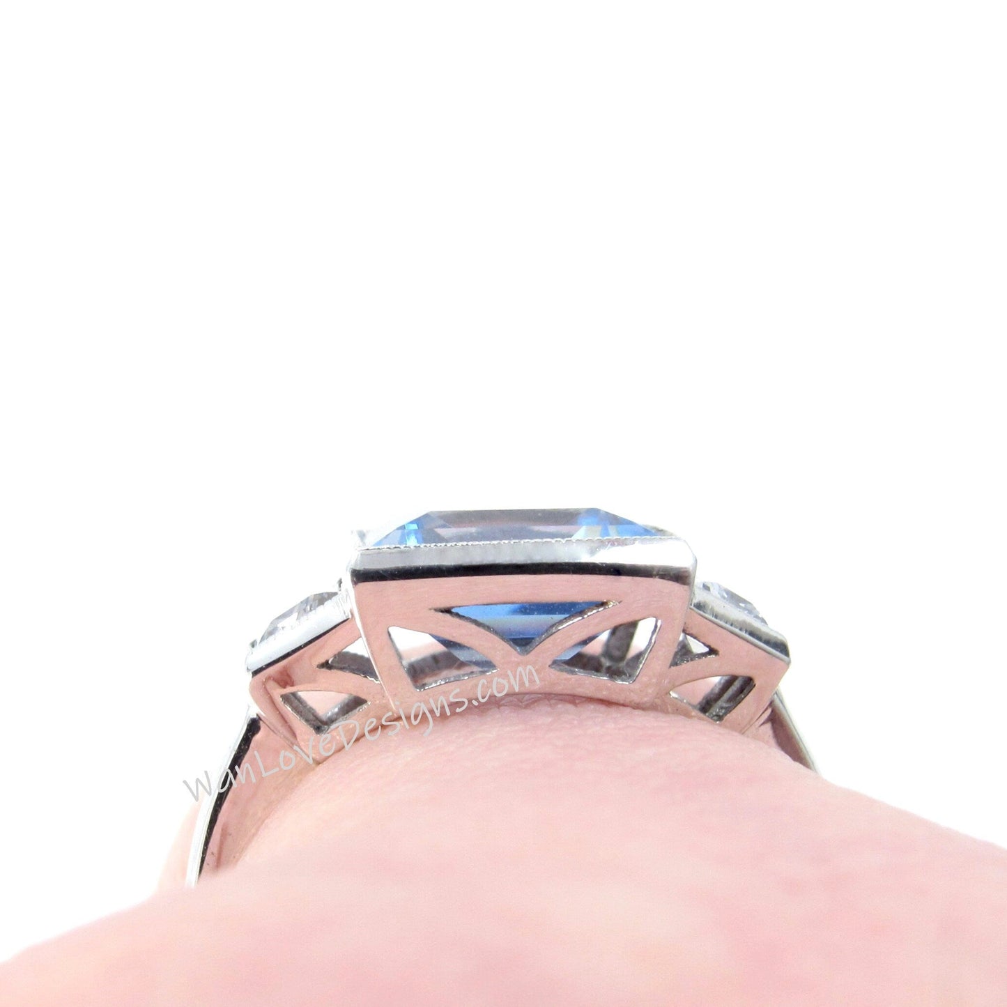 3 CT Princess Cut Aquamarine Spinel Engagement Ring, Milgrain Bezel Ring, Side Trapezoid White Sapphire Wedding Ring, Bridal Set Ring Wan Love Designs