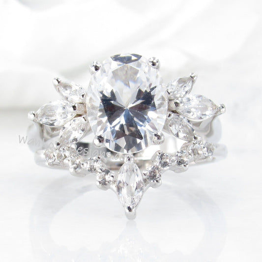3ct Oval White Sapphire Engagement Ring Set, White Sapphire ring set with side marquise, Chevron Nesting Band, Ready to ship Ring set Wan Love Designs