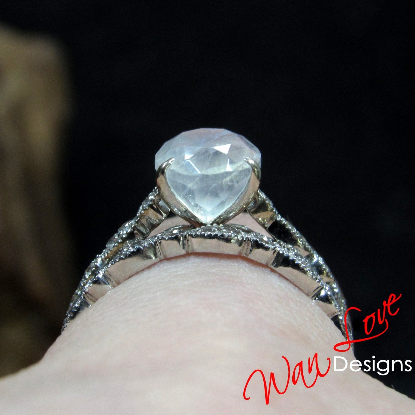3ct vintage Moonstone Oval Milgrain Engagement Ring Set antique Eye Leaf Milgrain Full Eternity Wedding Band set bridal promise ring for her Wan Love Designs