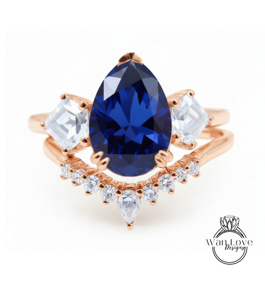A close-up image of a gold ring with a large blue gemstone, surrounded by smaller diamonds.