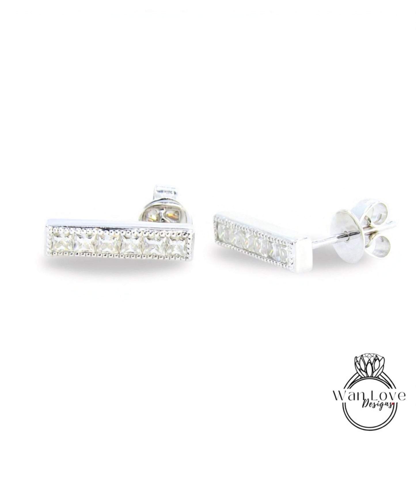 Moissanite Milgrain Bar Earrings Studs French cut moissanite earrings 6 gem stone Princess Earrings White Gold Wedding jewelry Ready to Ship Wan Love Designs