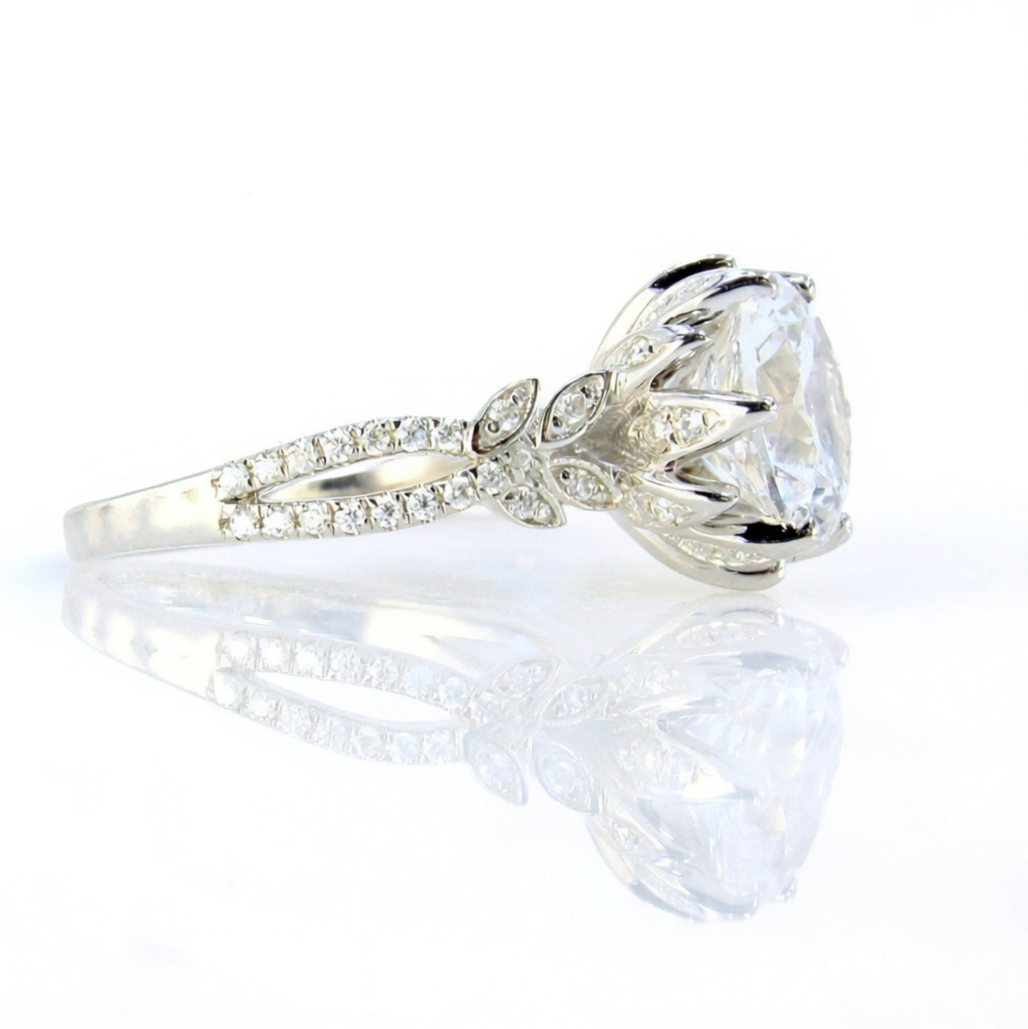 Lotus Flower White Sapphire & Moissanite Engagement Ring Split Shank Leaf ring 3ct round flower pave Wedding bridal Anniversary ring, Ready Wan Love Designs