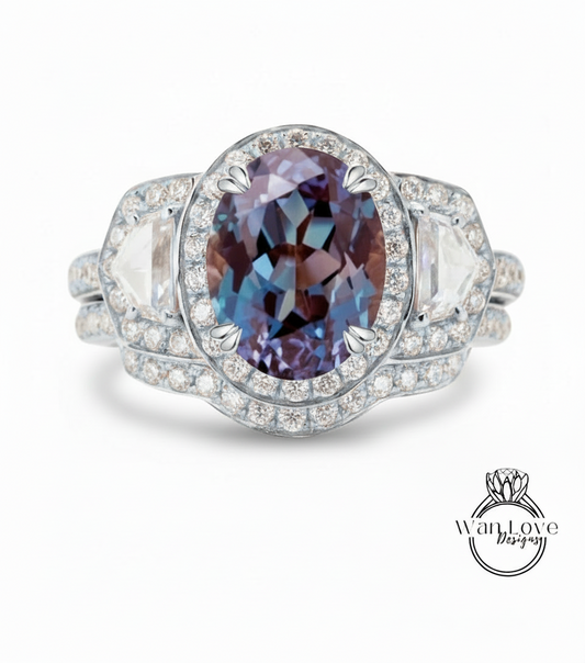 A stunning engagement ring featuring a large oval-shaped gemstone surrounded by a halo of smaller diamonds, set in a silver band.