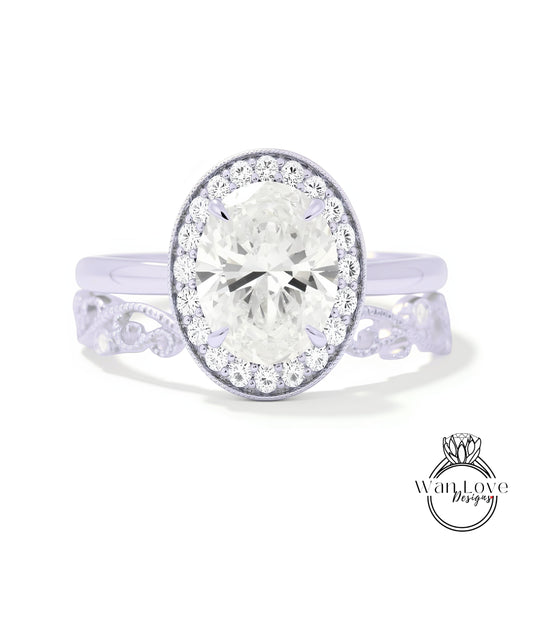 A close-up view of a diamond engagement ring with a large round diamond set in a halo of smaller diamonds, surrounded by a delicate floral band.