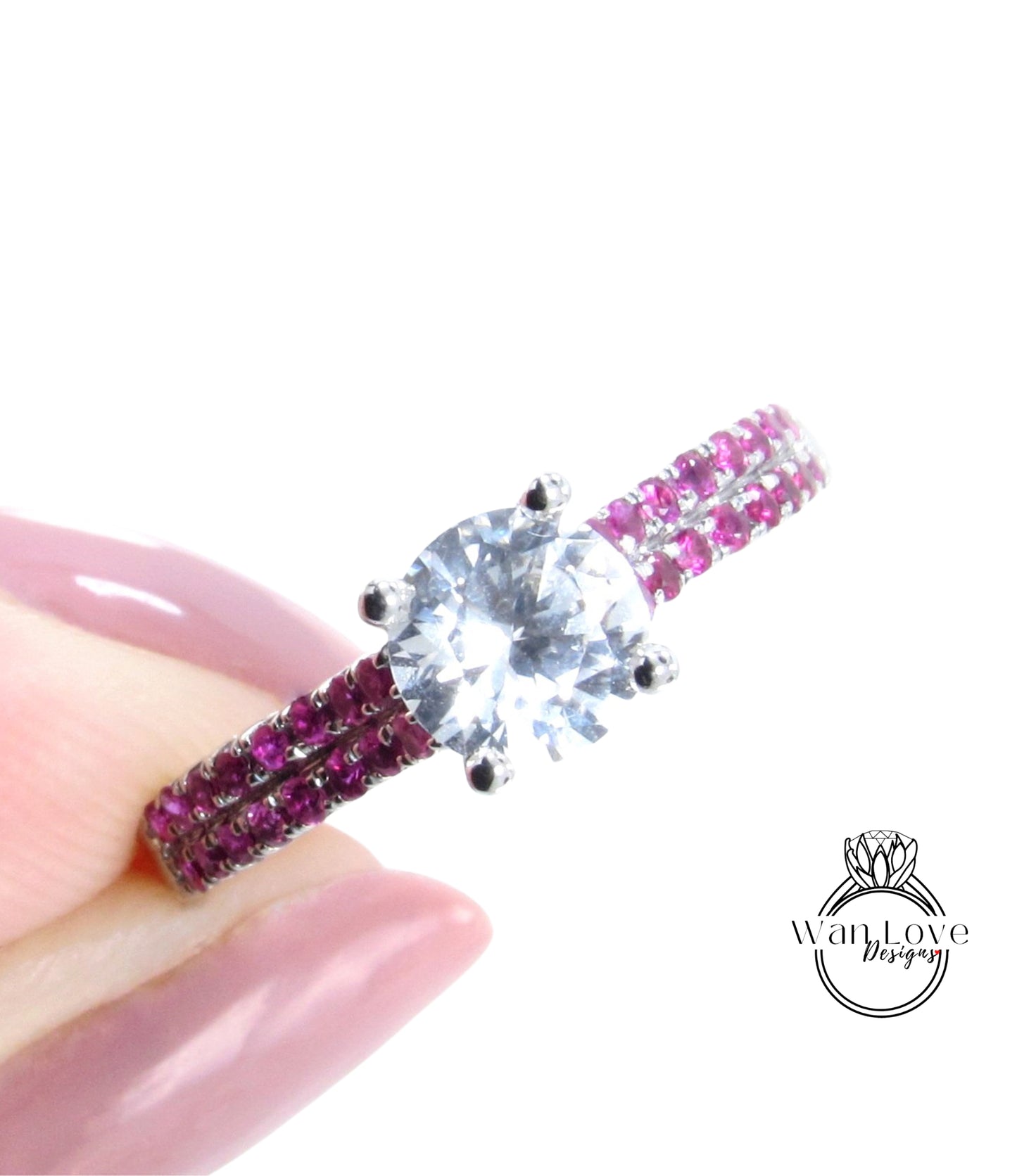 Anello di fidanzamento con rubino e zaffiro bianco, anello a taglio rotondo, anello con diamanti, 2 anelli a doppia fila, anello milgrain, anello anniversario, anello vintage, anello di promessa.