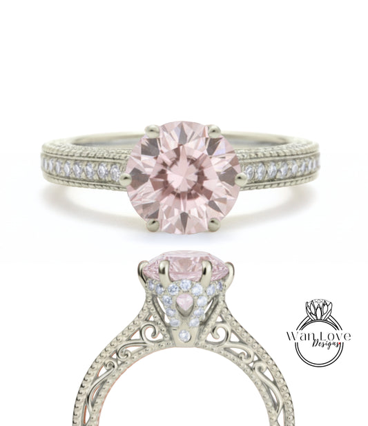 Anello di fidanzamento con perline floreali in filigrana Milgrain con zaffiro rosa chiaro e diamanti, rotondo, personalizzato, in oro 18kt, platino, matrimonio 14kt