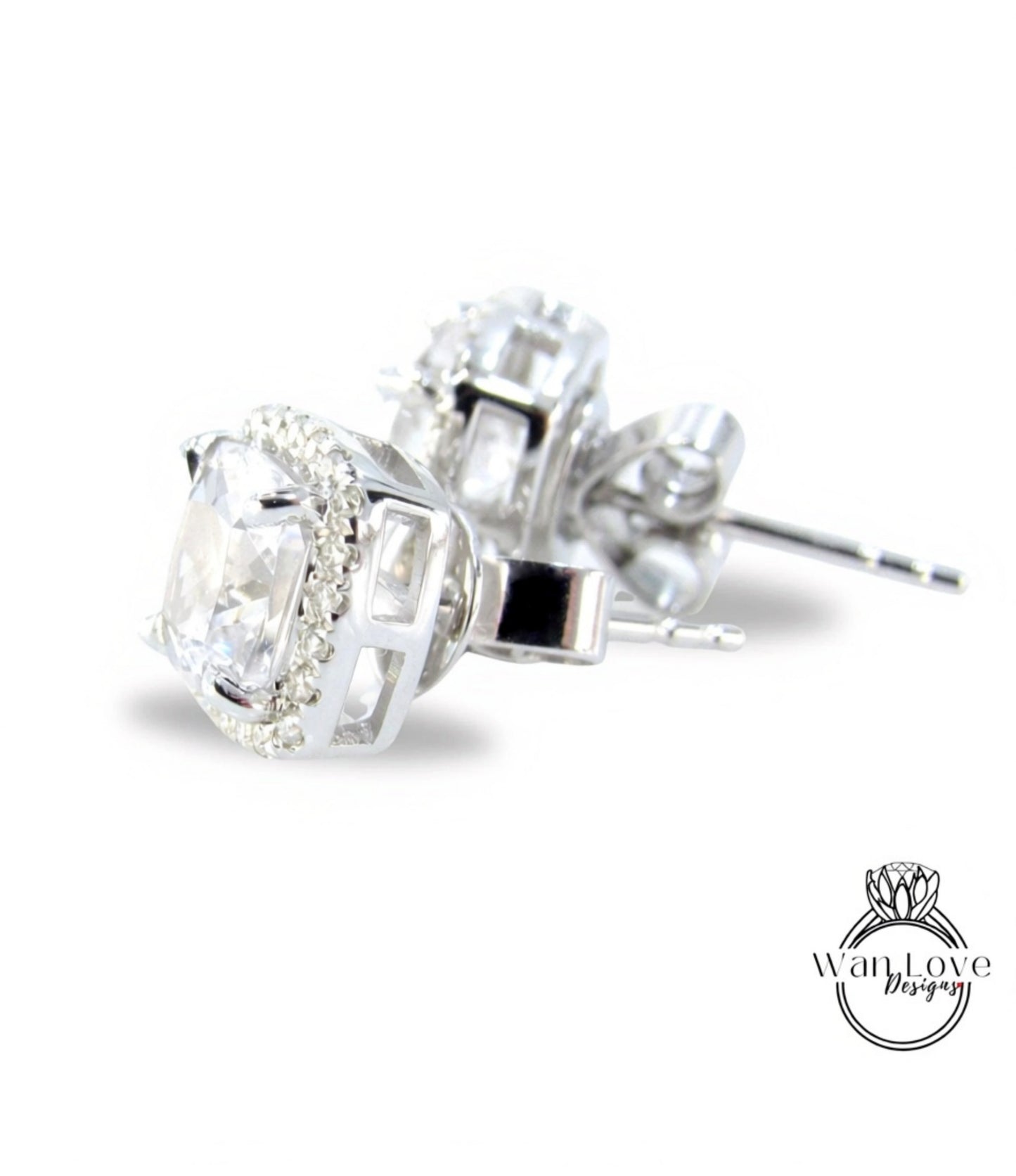 2ct White Sapphire cushion Halo Stud Earrings vintage wedding jewelry white gold art deco earrings wedding anniversary gift-Ready to Ship Wan Love Designs