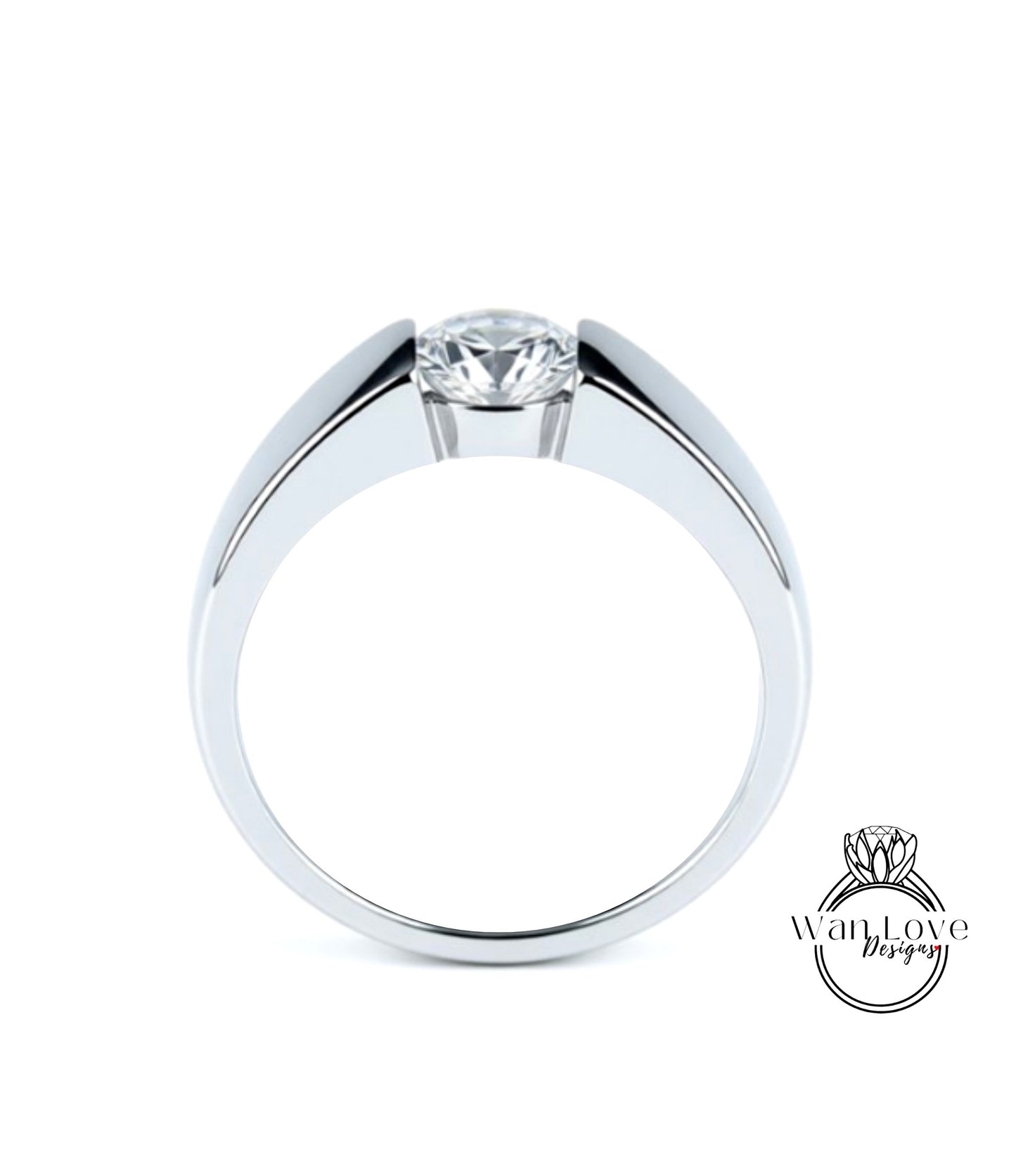 A silver ring with a large central diamond.