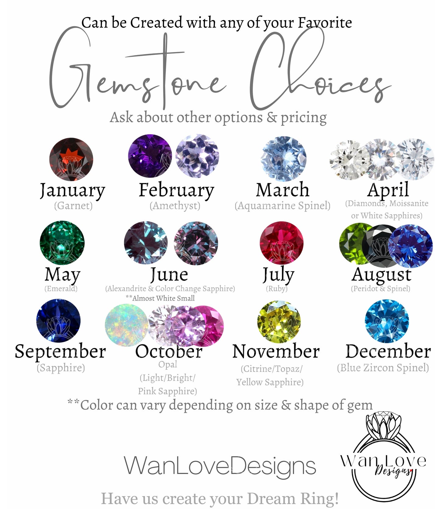 Add a Custom Secret Birthstone Special Gem or multiple gems to Personalize your Ring Diamond Sapphire Emerald Ruby~Ask for a Custom Listing Wan Love Designs