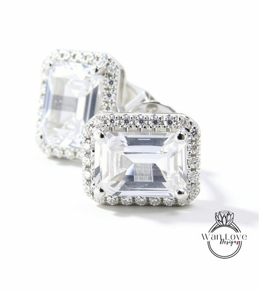 Orecchini a bottone Halo in zaffiro bianco da 2 ct, gioielli da sposa vintage, orecchini art deco in oro bianco, regalo di anniversario di matrimonio, pronti per la spedizione