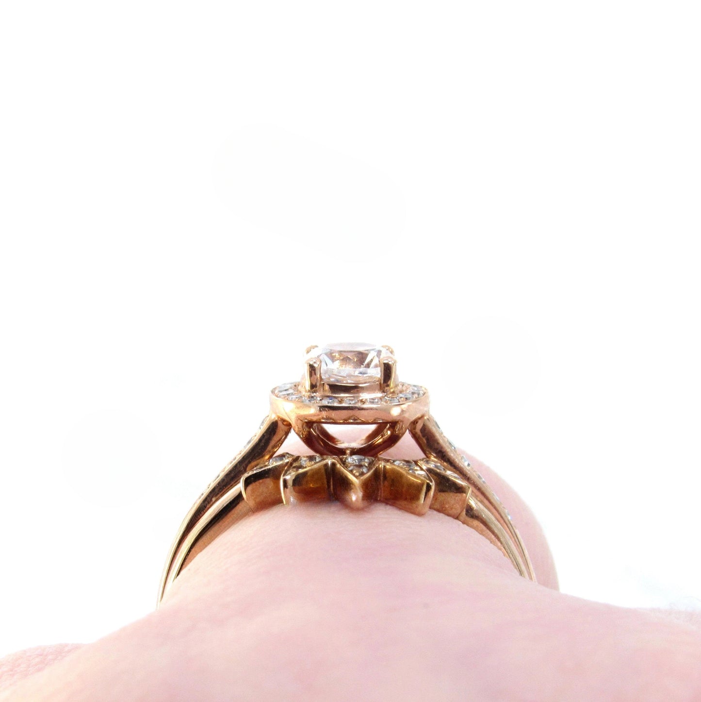 Rose Gold White Sapphire Round Cut Diamond Halo Engagement Ring, Round Diamond ring set, Sapphire Bridal ring set, Gift for her, Ready Ship Wan Love Designs