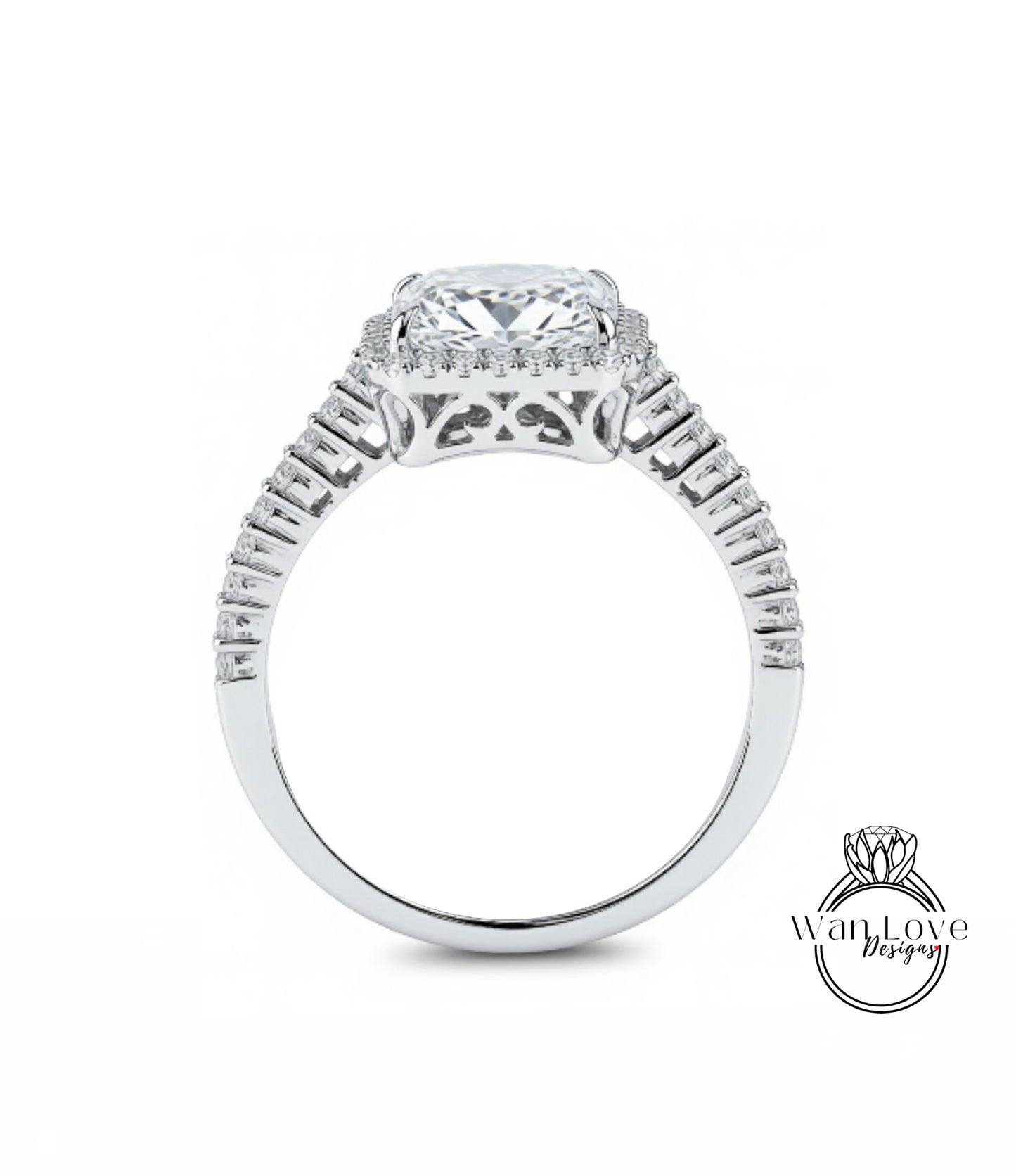 A close-up view of a diamond engagement ring with a large central diamond surrounded by smaller diamonds set in a halo.