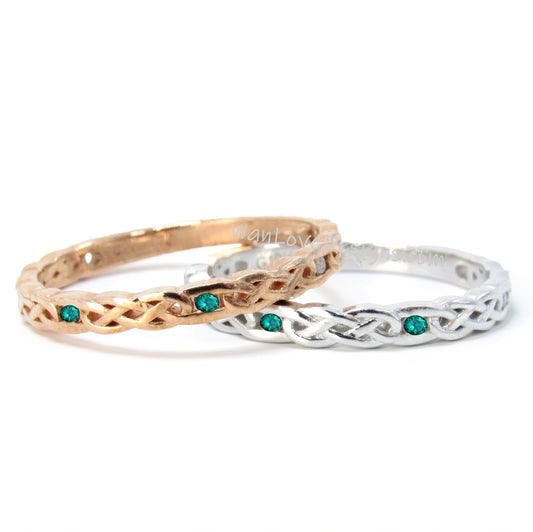 Celtic Knot 14k Gold Rings/ Celtic Emerald Braided Wedding Band/ Matching Band/ Stacking Ring/ Promise Ring/ Almost Eternity Birthstone Band Wan Love Designs