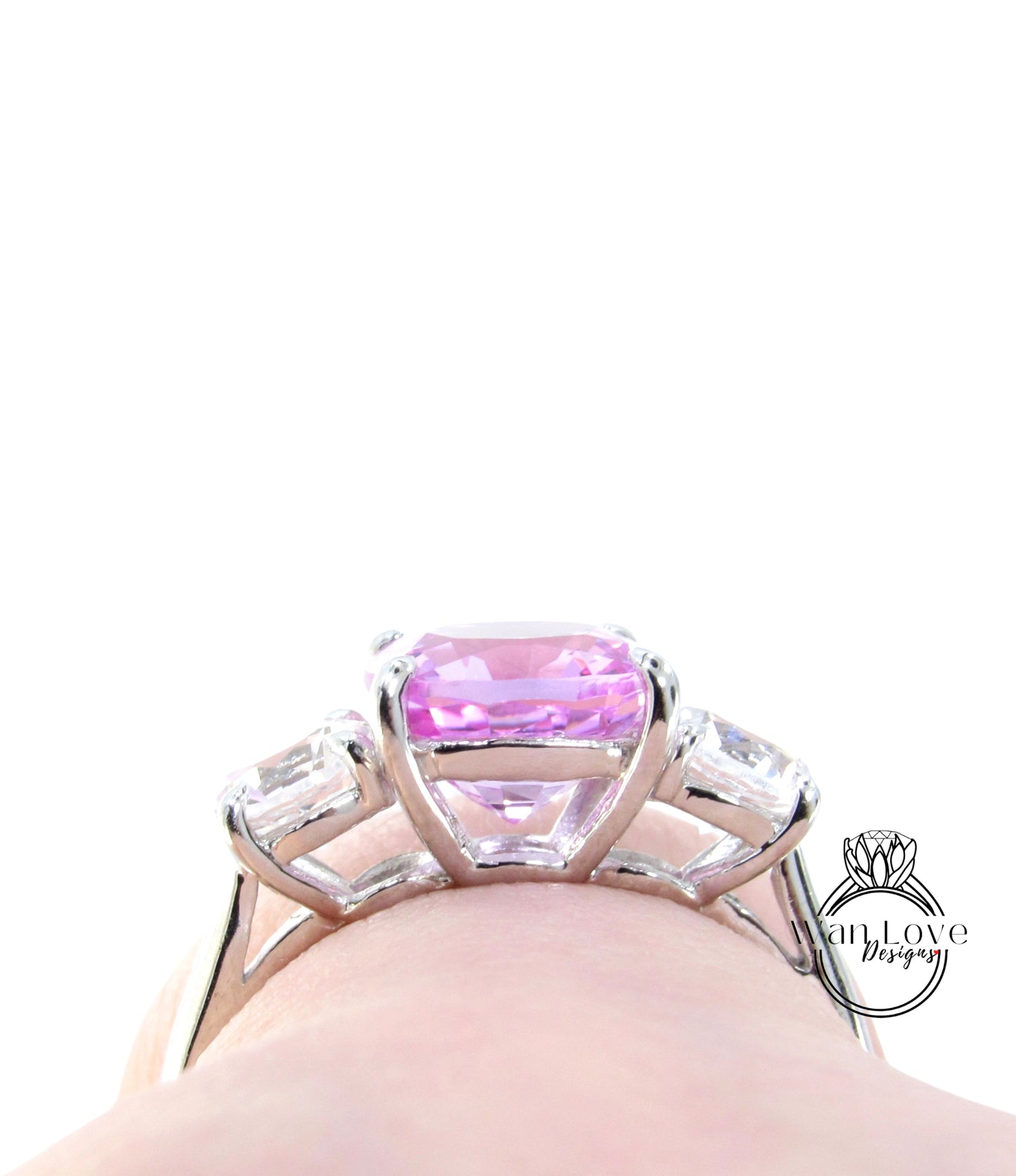 Pink & White Sapphire Cushion Round Engagement Ring-3 Gem Stone-3ct-8mm-.75ct-5mm-Silver Rhodium-Size 6.5-Wedding-Anniversary-Ready to ship