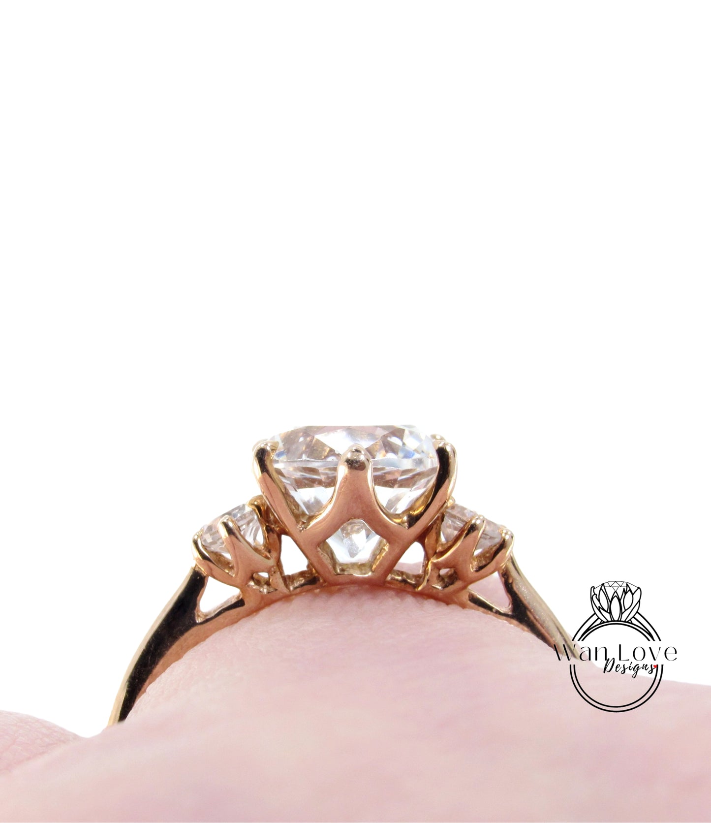 White Sapphire 3 Gem Stone Engagement Ring Vintage Round 2ct Rose Gold Trellis 6 prong Wedding Ring Promise Anniversary Gift-Ready to Ship
