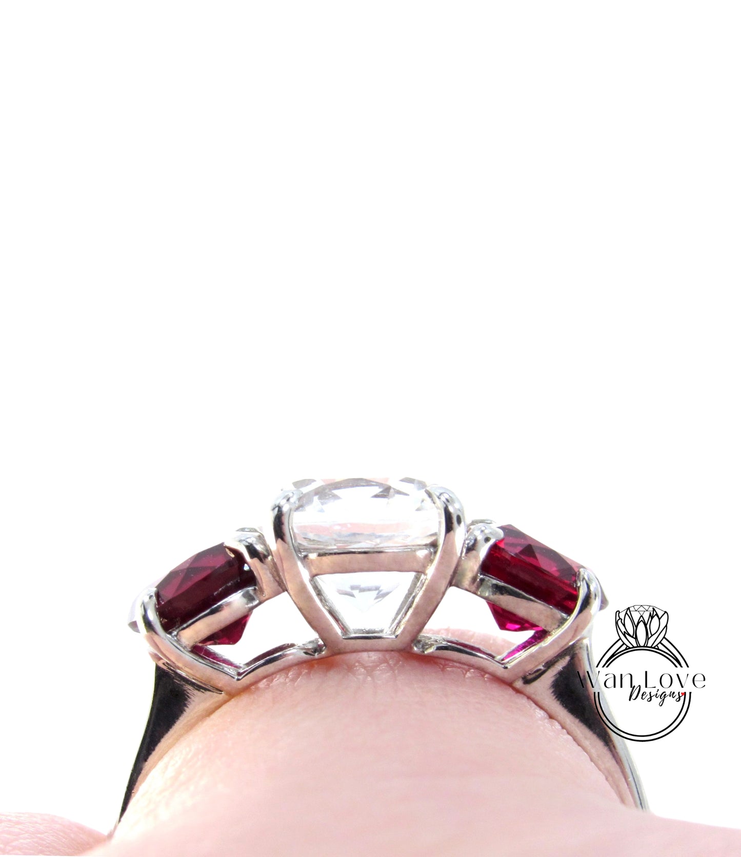 White Sapphire & Ruby 3 Stone Engagement Ring Round 3 Gem stone 1 2 ct Bridal Wedding promise ring Anniversary Gift -Ready to ship