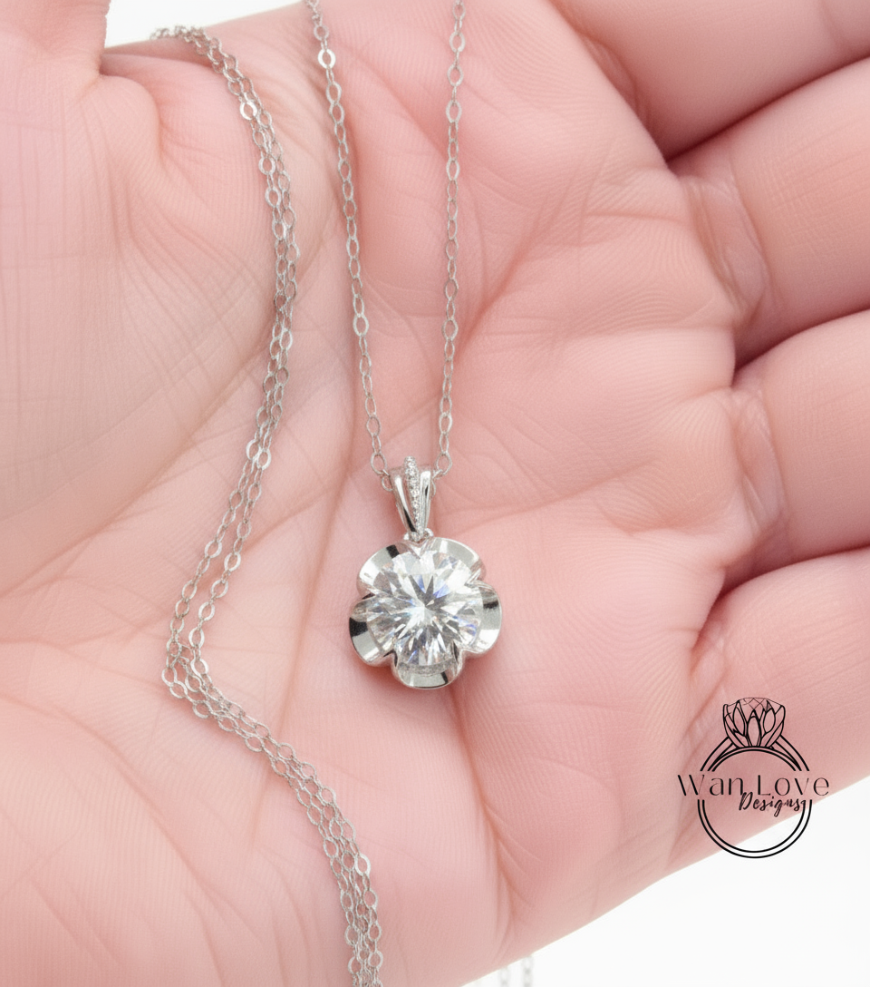 Moissanite Buttercup Round Beaded Bail Necklace 2ct white gold flower Charm necklace Custom Anniversary bridal wedding Gift Ready to ship