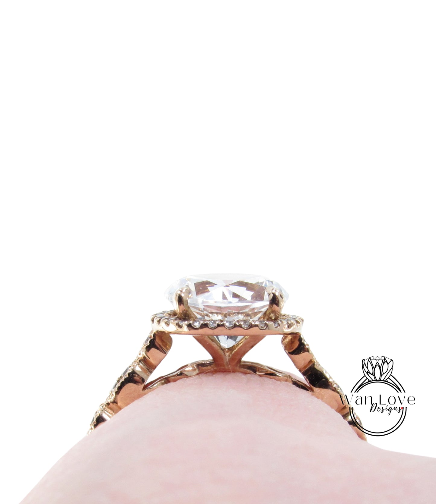 White Sapphire Scalloped Engagement Ring in Rose Gold, Sapphire Milgrain Vintage Bridal Ring, 8mm Round Halo Sapphire Ring, Ready to Ship