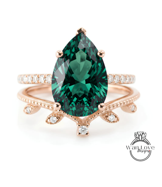 A close-up image of a gold ring with a large, green gemstone at the center, surrounded by smaller diamonds.