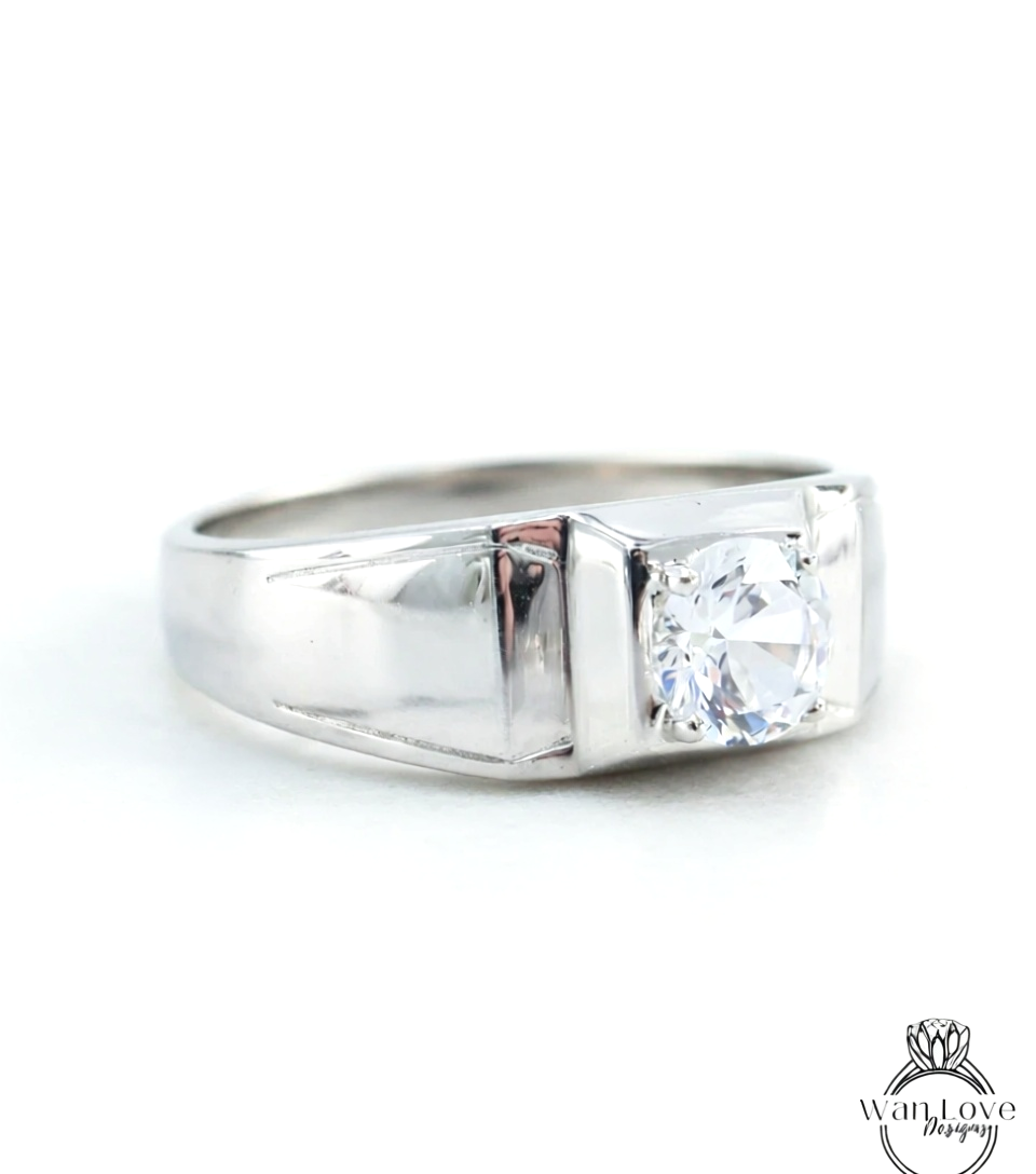 1ct White Sapphire Ring Wedding Band, Mens Wedding Ring, Mans Wedding Band, Solitaire Ring, Round Mens Wedding Ring, 6mm-Ready to Ship