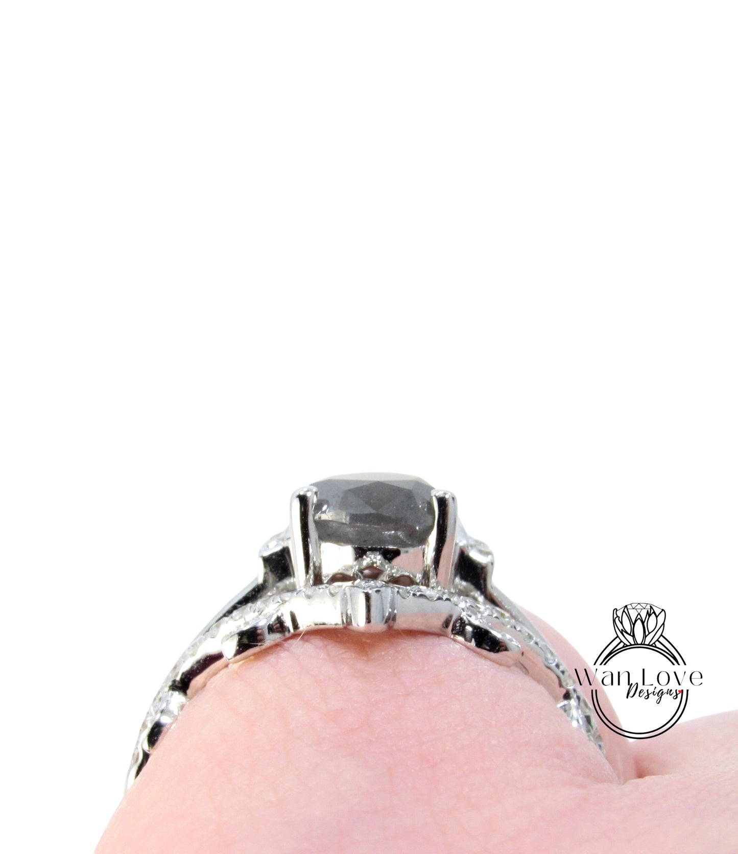 Ready to ship Vintage pear Salt & Pepper diamond engagement ring set 18k white gold Art Deco half halo bridal set Antique wedding band