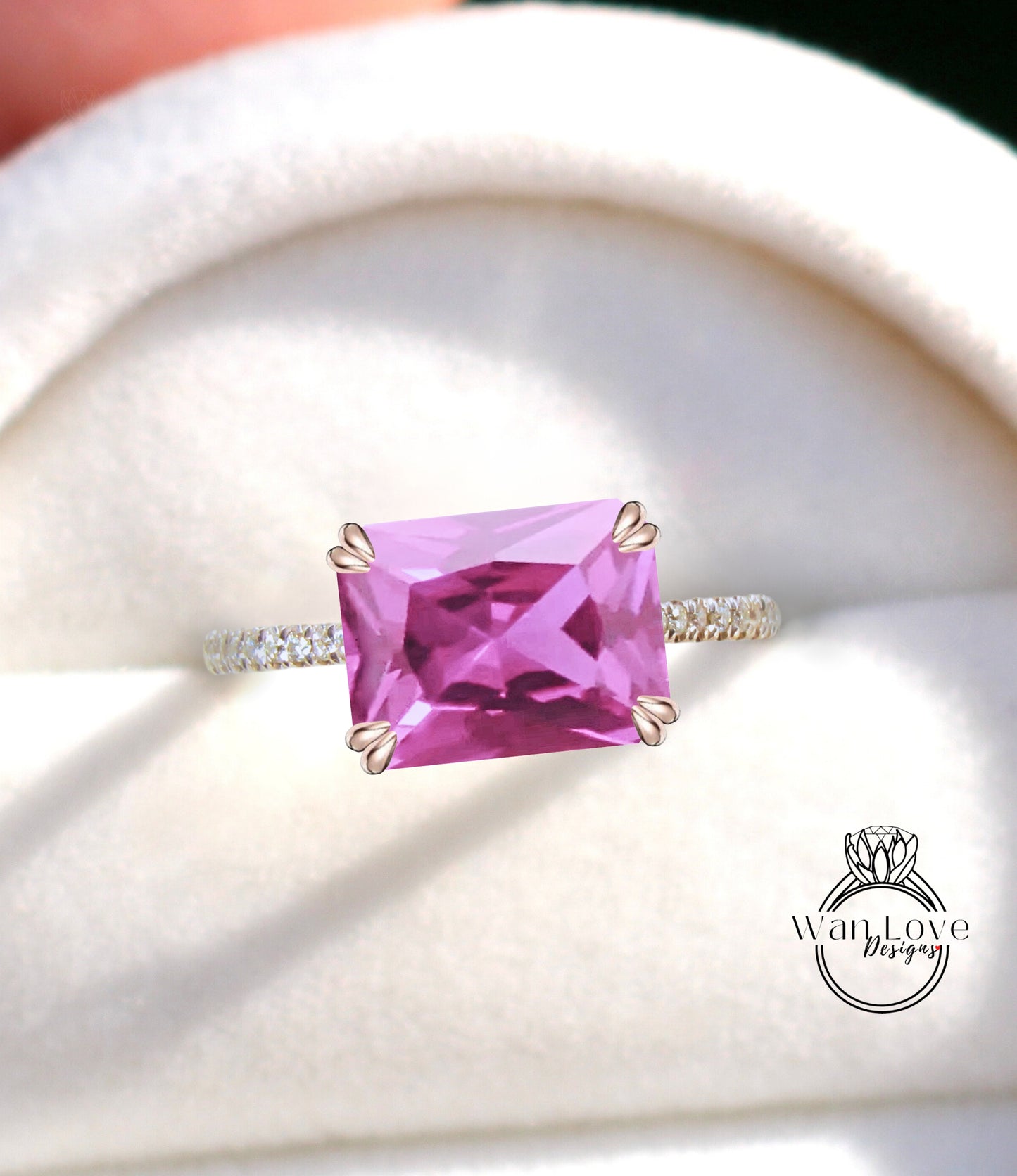 Pink Sapphire & Diamond East West Double prong Engagement Ring, Emerald cut Pink Sapphire ring, Custom, Wedding Anniversary Gift ring