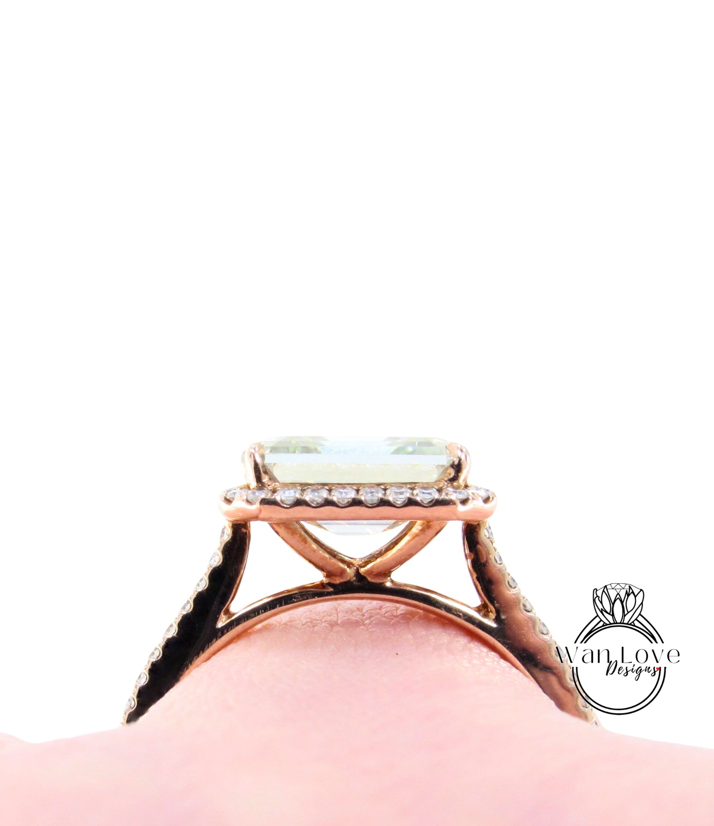 Champagne Moissanite & Diamond East West Emerald Halo Engagement Ring, 3ct Light Yellow moissanite Rose Gold bridal wedding Anniversary Gift