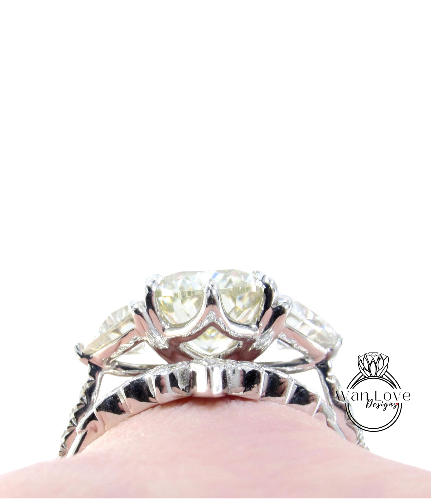 Yellow White Moissanite engagement ring set Cushion moissanite white gold ring curved matching band trillion moissanite ring bridal set