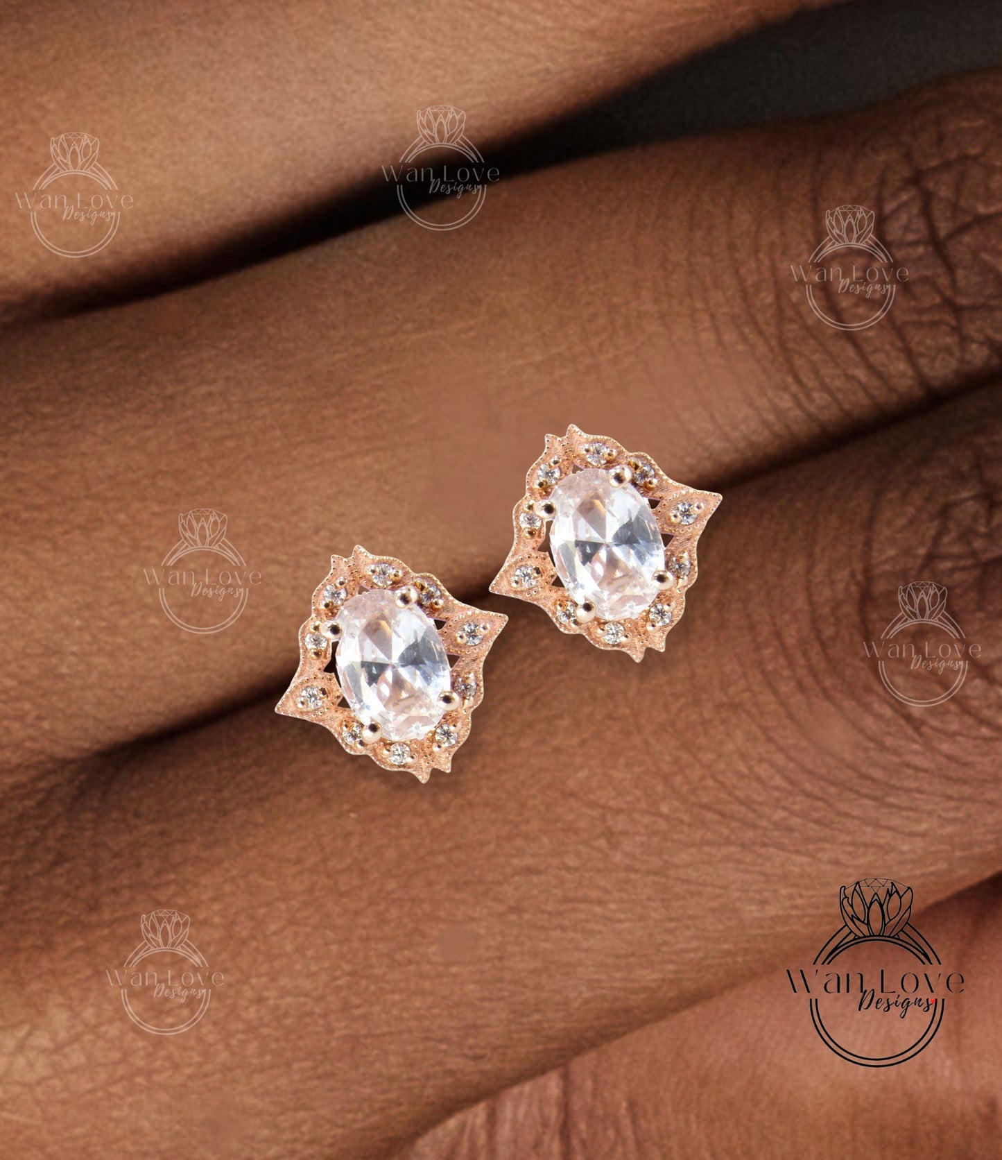 Art deco White Sapphire halo Earrings Unique vintage Moissanite milgrain Bridal studs Oval cut floral Wedding Day Anniversary jewelry gift Wan Love Designs