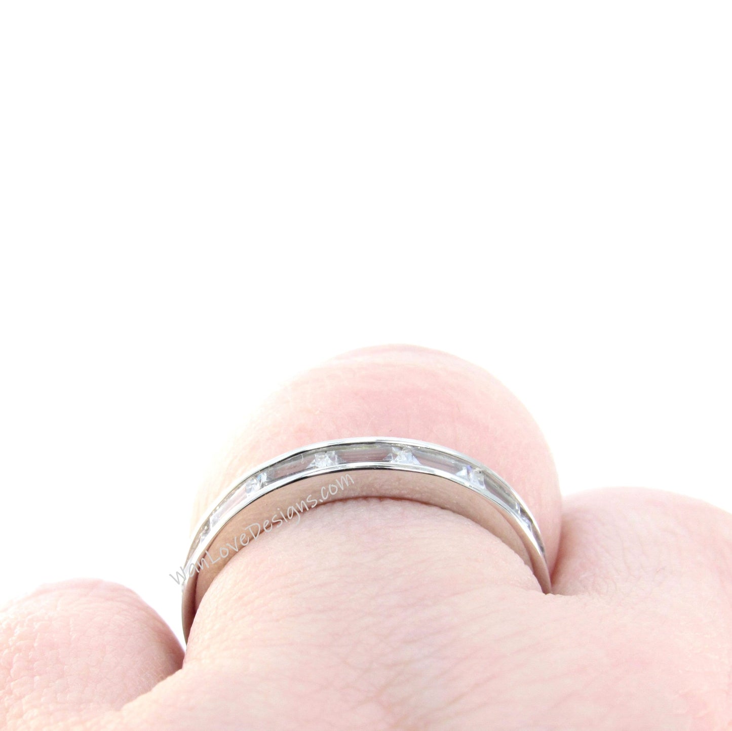 Baguette cut Moissanite wedding band art deco ring white gold stacking matching band channel set ring vintage aniversary promise bridal ring Wan Love Designs