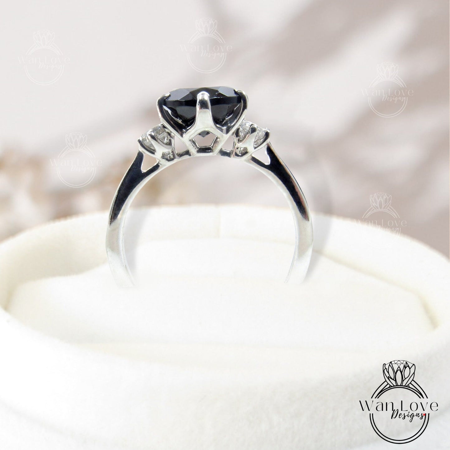 Black Spinel & White Sapphire 3 Stone Round Engagement Ring, 2ct round Past Present Future ring 6 prong dainty bridal wedding ring Ready Wan Love Designs