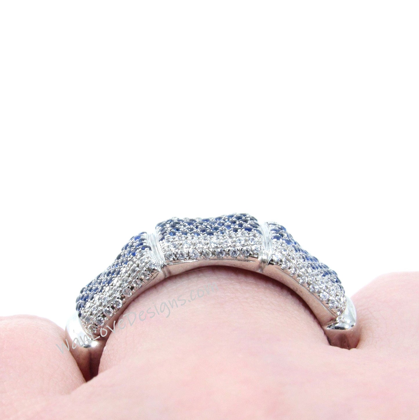 Blue Sapphire & Lab Diamond Bamboo Wedding Band, Mens, Mans Ring, CZ, Custom, Engagement, Anniversary Gift, Commitment, Ready to Ship Wan Love Designs