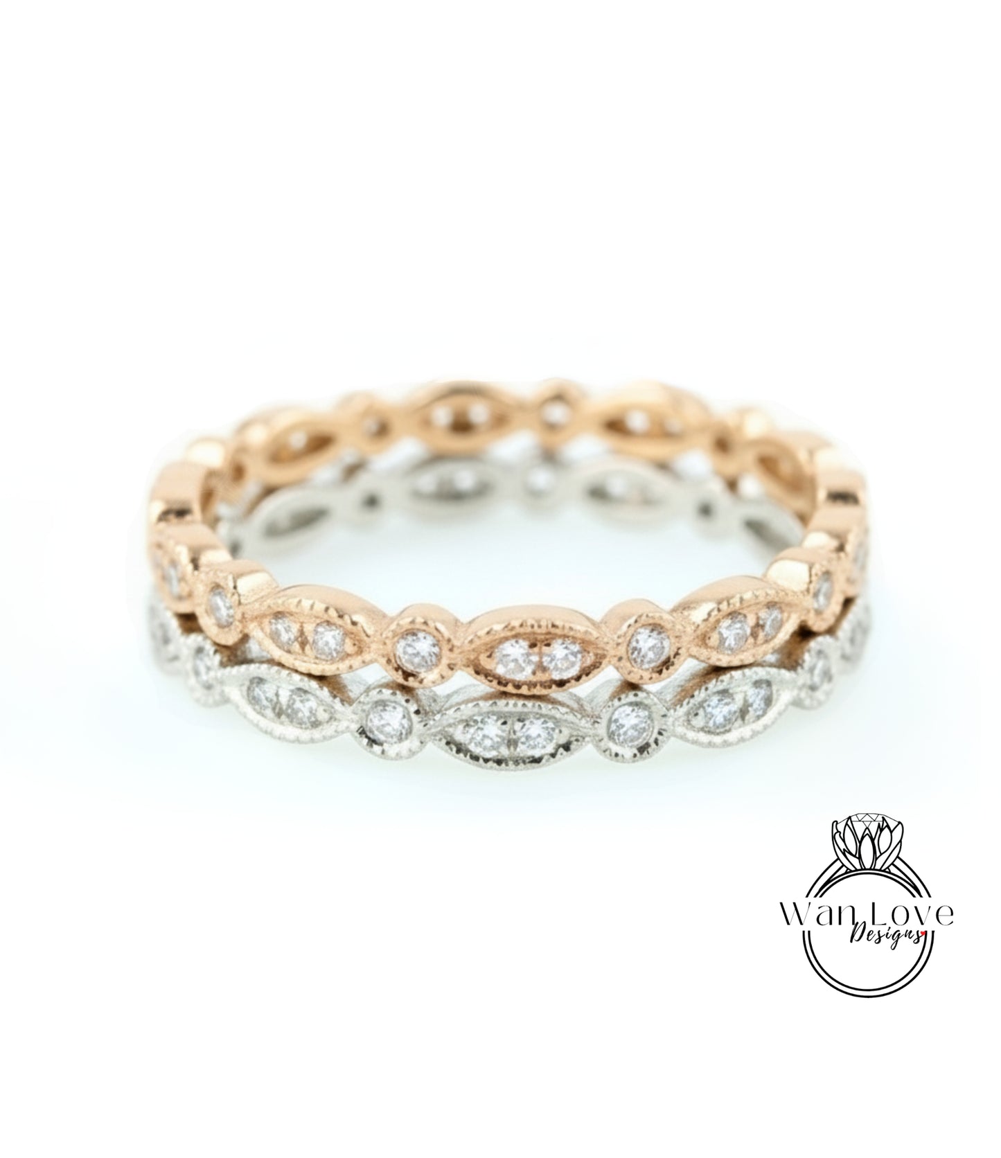 Vintage diamond wedding band rose gold Art deco marquise leaf ring Full eternity band dainty milgrain Stacking band Promise ring-Ready ship
