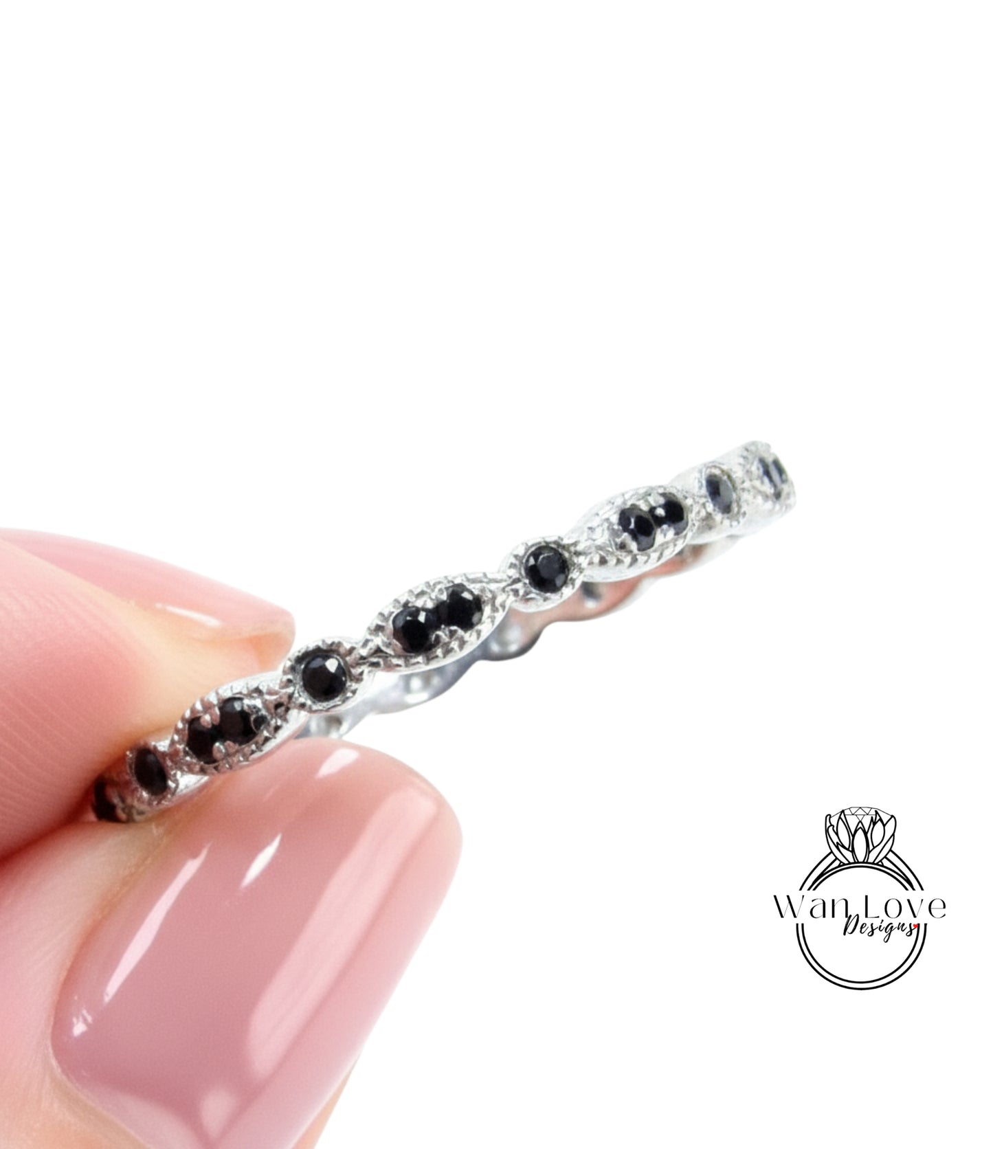 Vendita Pronto per la spedizione-Black Spinel Milgrain Leaf smerlato Marquise forma Circle Bezel set FULL Eternity Wedding Band impilabile Anello, Personalizzato