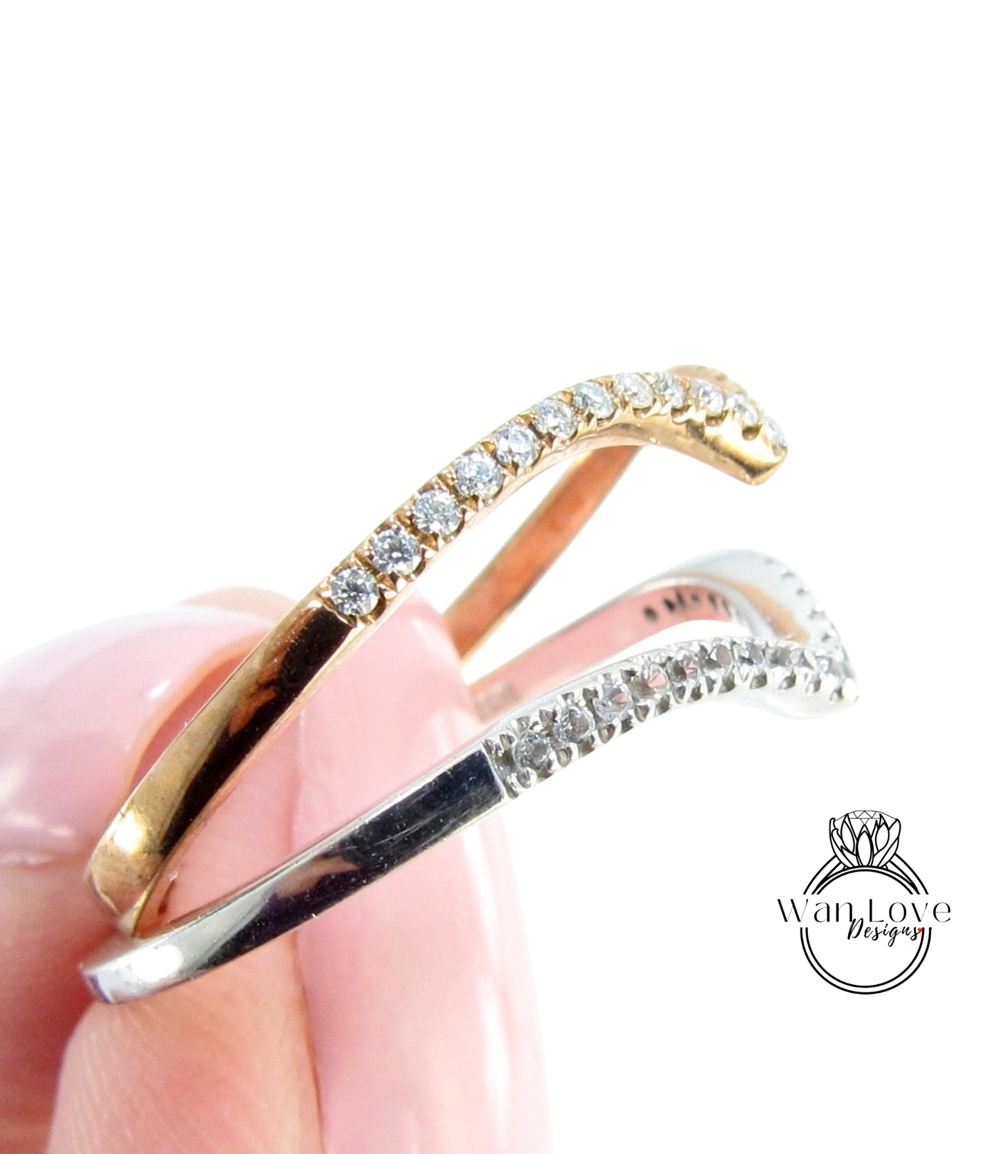 Sample Sale Ready to ship-Moissanite Rose Gold OR White Sapphire Tiara Curved Diamonds Band Nesting Ring