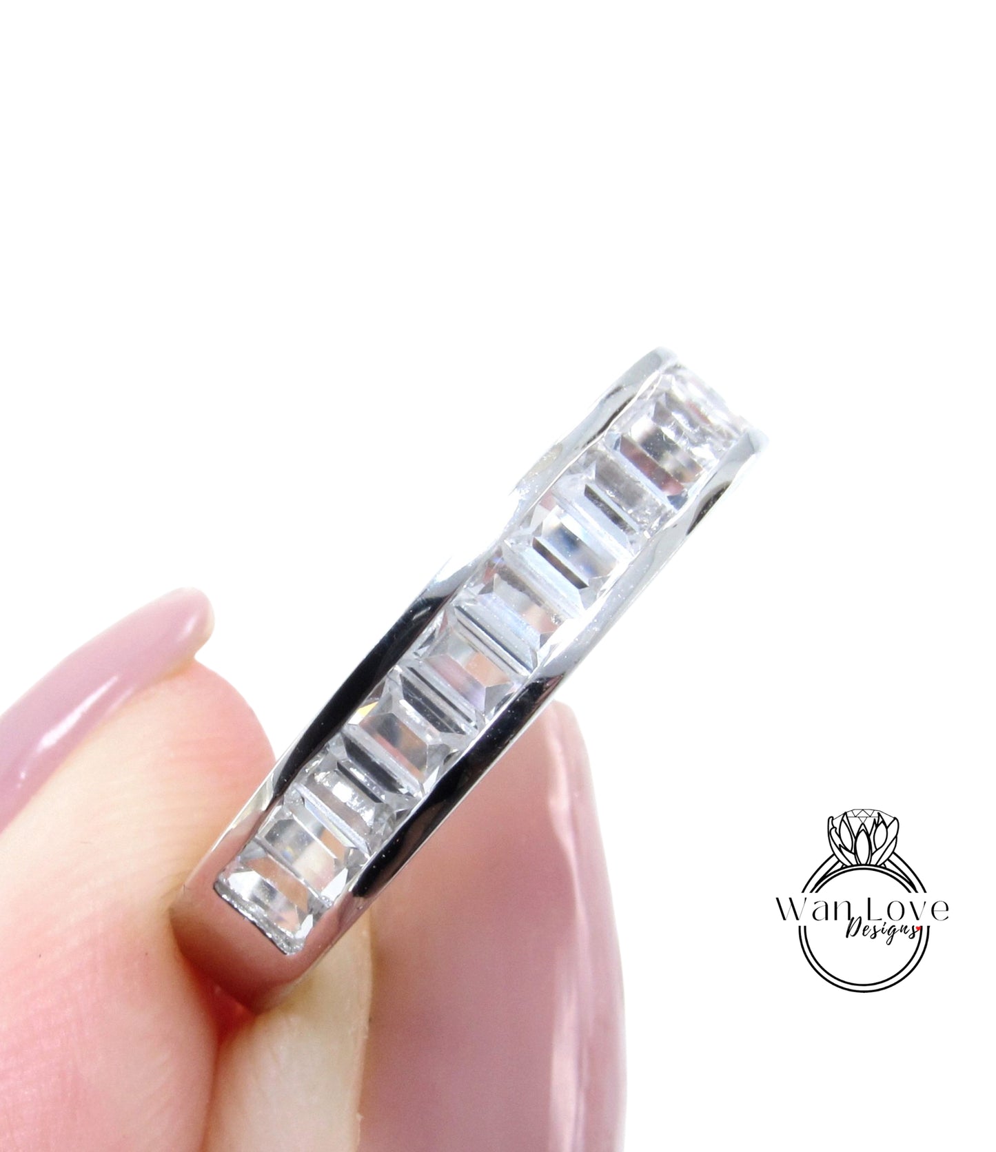 Set di canali Baguette con zaffiro bianco Fede nuziale Fede nuziale Fede nuziale personalizzata in oro bianco Anello di promessa Regalo di anniversario, Pronto per la spedizione