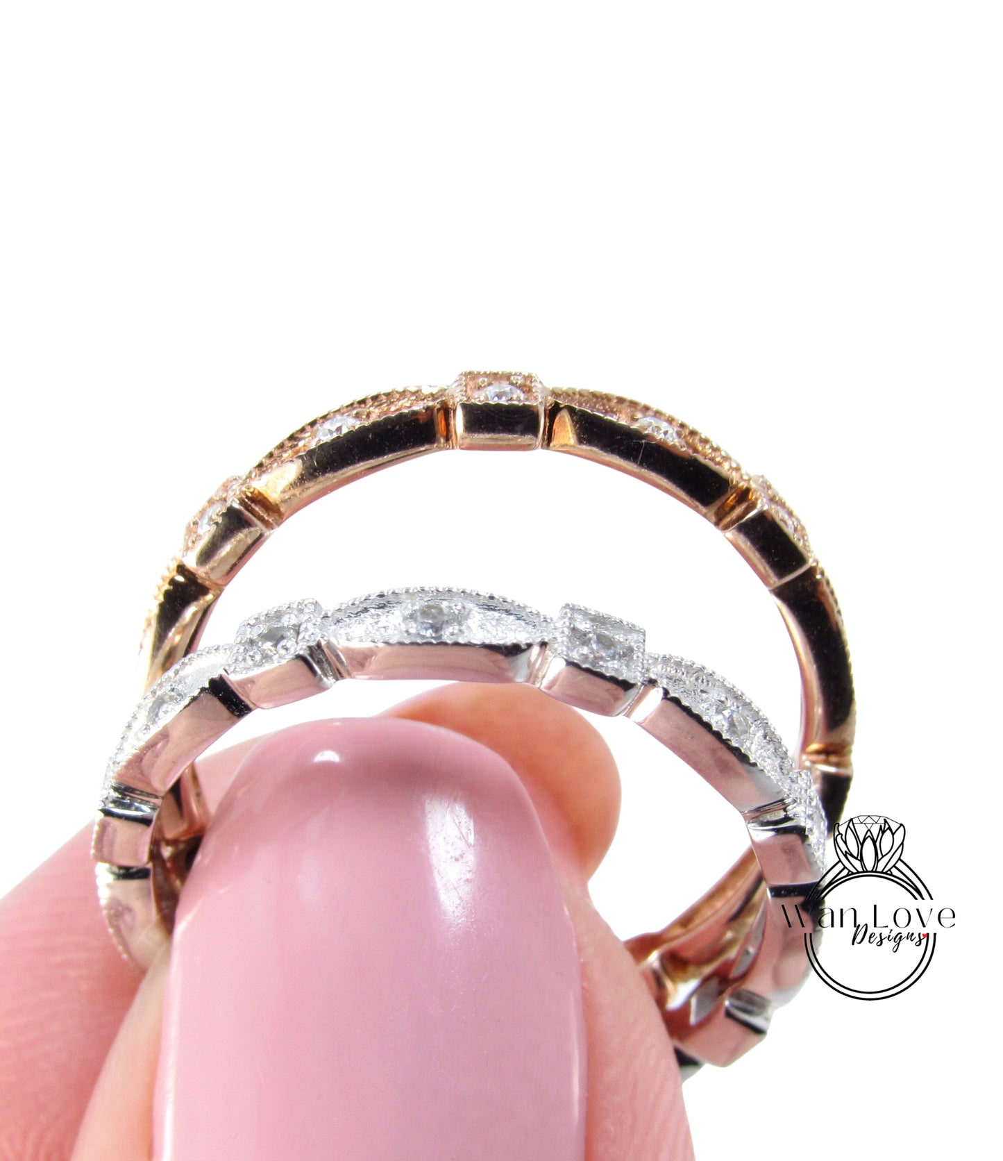 Pronto per la spedizione Fede nuziale Milgrain con zaffiro bianco Art Déco smerlato quadrato Full Eternity impilabile Anello di fidanzamento in oro bianco rosa, personalizzato