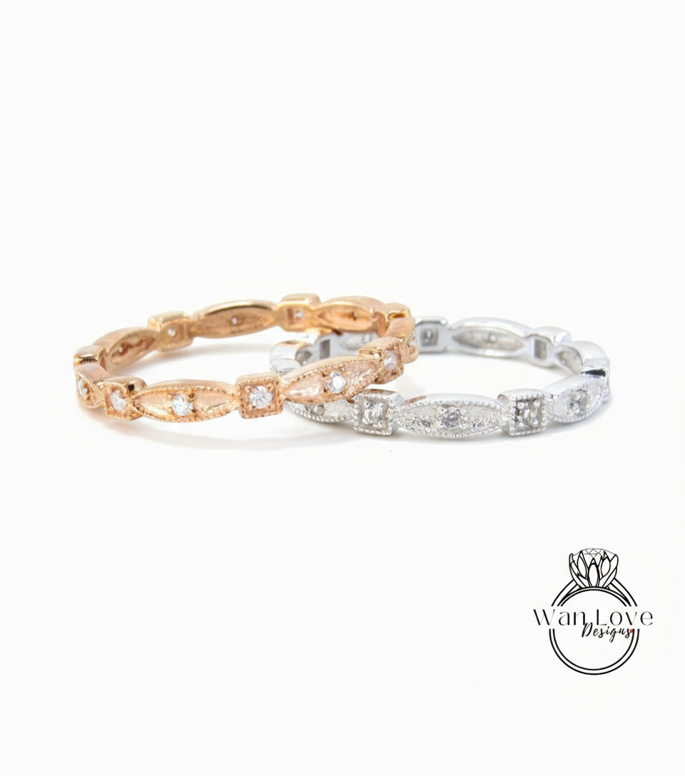 Ready to Ship White Sapphire Milgrain Wedding Band Art Deco Scalloped Square Full Eternity Stacking Engagement Ring Rose White Gold, Custom