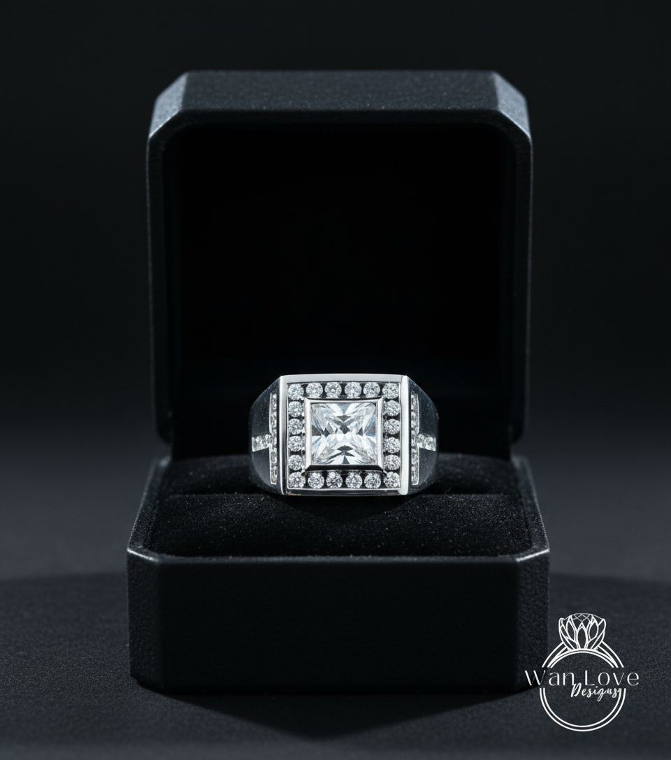 Anello da uomo con zaffiro bianco art deco Princess Halo Wedding Band 3ct Square halo mans Anello di fidanzamento nuziale regalo unico per lui-Pronto per la spedizione