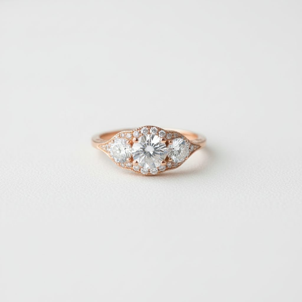 Inserzione personalizzata, anello di fidanzamento Moissanite con 3 pietre preziose Halo, rotondo, 1 ct, 6,5 mm, 4 m, 14 kt, 18 kt