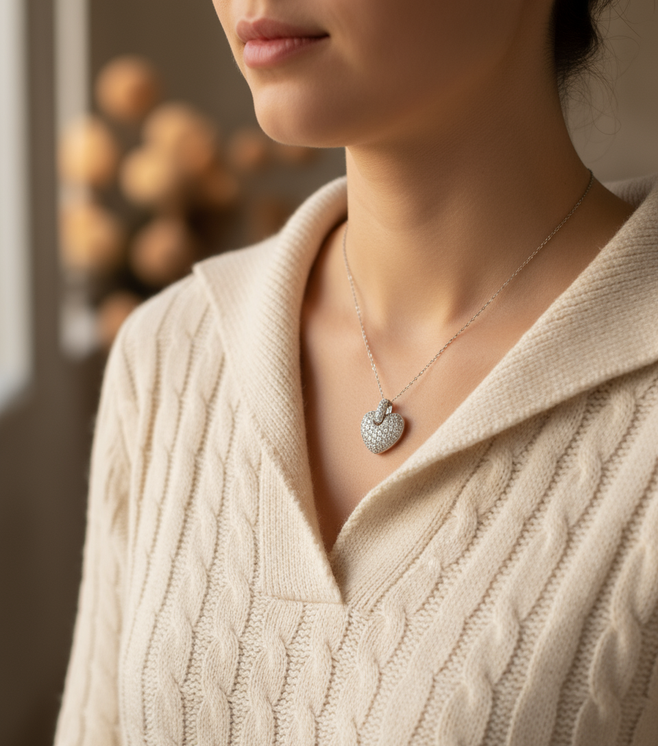 Heart Pave Moissanite Pendant Necklace Charm with Thin Chain,Unique Moissanite Diamond White Gold Pave heart Charm, Custom, Wedding Bridal Jewelry, Anniversary Gift, Ready to Ship