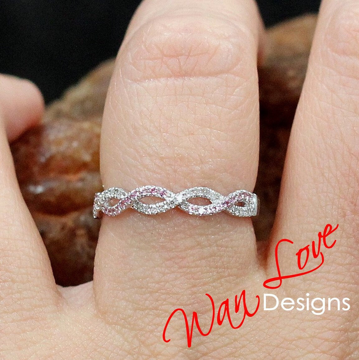 Infinity Twist Pink Sapphire Diamond Band, Round Twisted Curved
