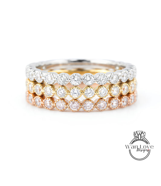 Fasce abbinate con diamanti Infinity Bezel/ Anelli impilabili Moissanite/ Anelli minimalisti/ Fedi nuziali rotonde/ Anelli da donna/ Anello impilabile da sposa